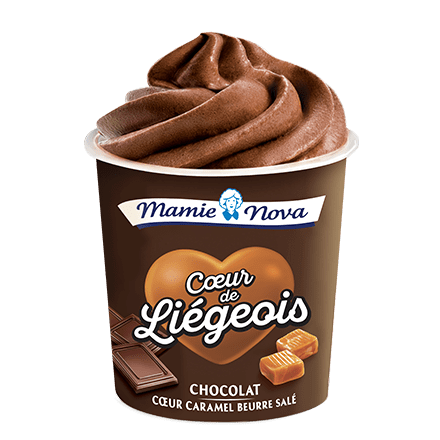 Mamie Nova - Packaging Cœur de liégeois Dessert Chocolat coeur Caramel Beurre Salé