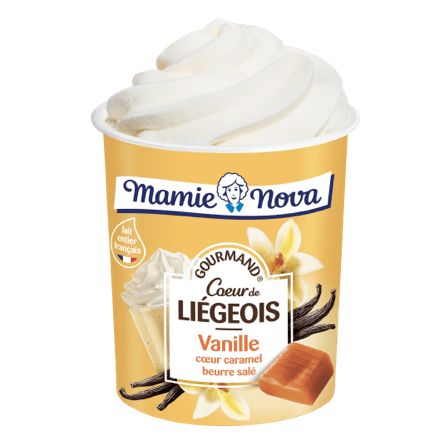 Mamie Nova - Packaging Cœur de liégeois Dessert Vanille coeur Caramel Beurre Salé